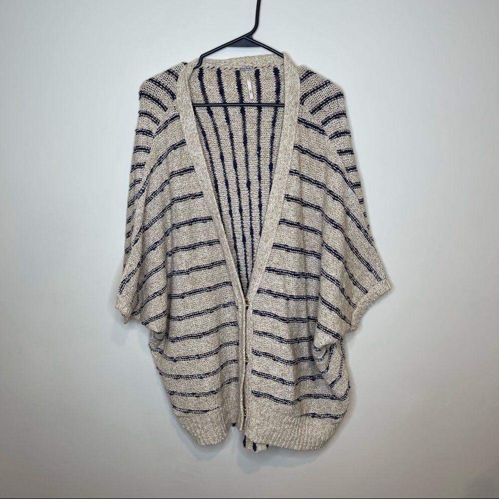 Free People Cropped Sleeve Striped Boho Tan and Blue Cardigan Size Medium